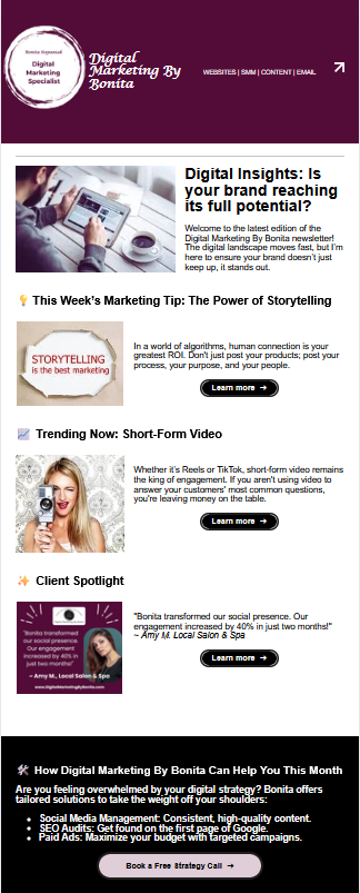 A screenshot of a professional email newsletter designed by Digital Marketing By Bonita, featuring clean layout and engaging copy.