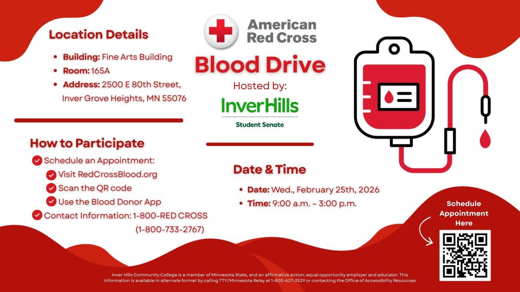A 16:9 digital signage slide for the DCTC blood drive featuring a red and white healthcare-themed design with bold event dates and location details.