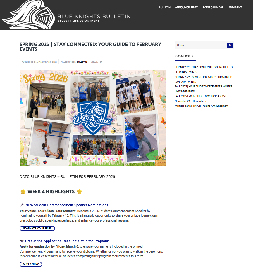 Professional digital newsletter header for DCTC featuring a Spring 2026 photo collage, branded "Blue Knights" logo, and a clear "Week 4 Highlights" section with action-oriented buttons.