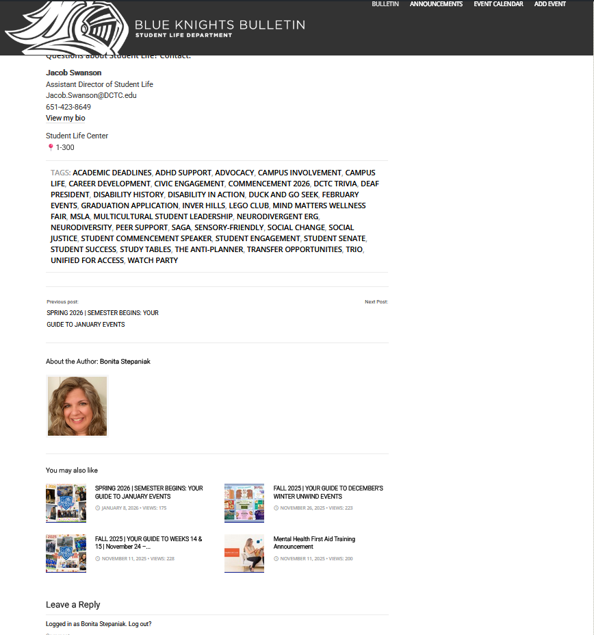 The footer of the DCTC e-bulletin blog showing a robust tagging system, author bio for Bonita Stepaniak, and "You may also like" related post suggestions.