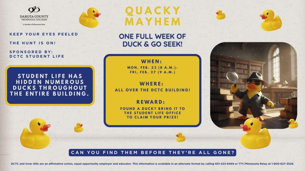 A high-energy digital slide for a "Duck and Go Seek" campus game featuring colorful graphics and a central call-to-action to join the search.