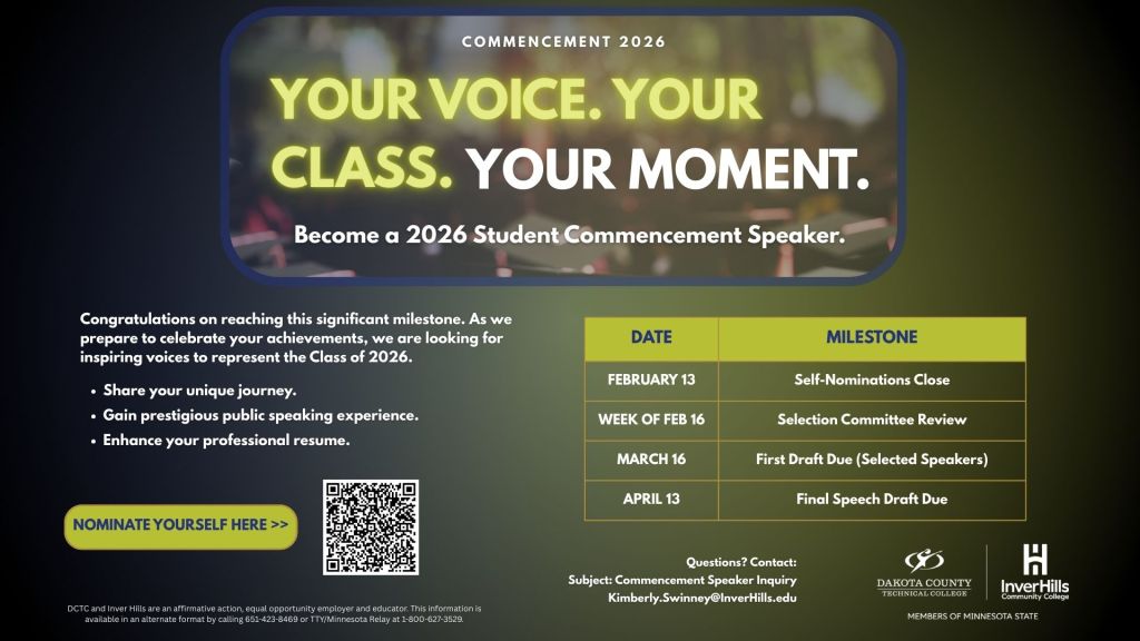 A prestigious digital slide for the 2026 Student Commencement Speaker nominations with a bold, inspirational headline and a QR code for the application.