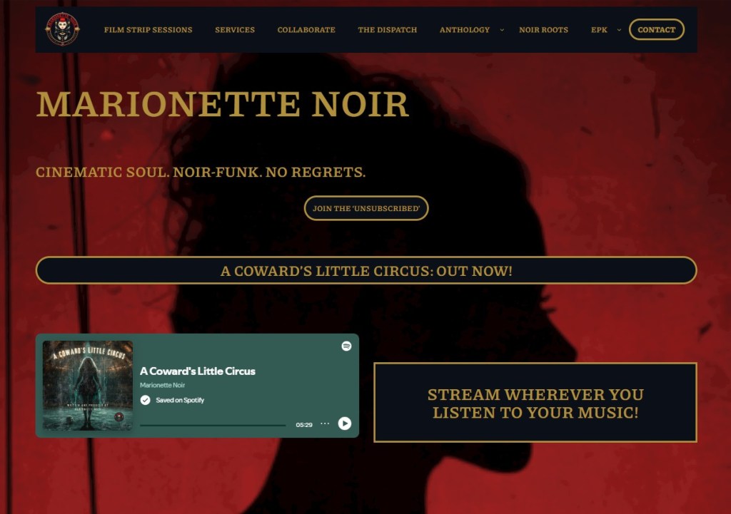 Comprehensive brand identity and WordPress web design case study for Marionette Noir, featuring cinematic noir-soul aesthetics and integrated streaming media.