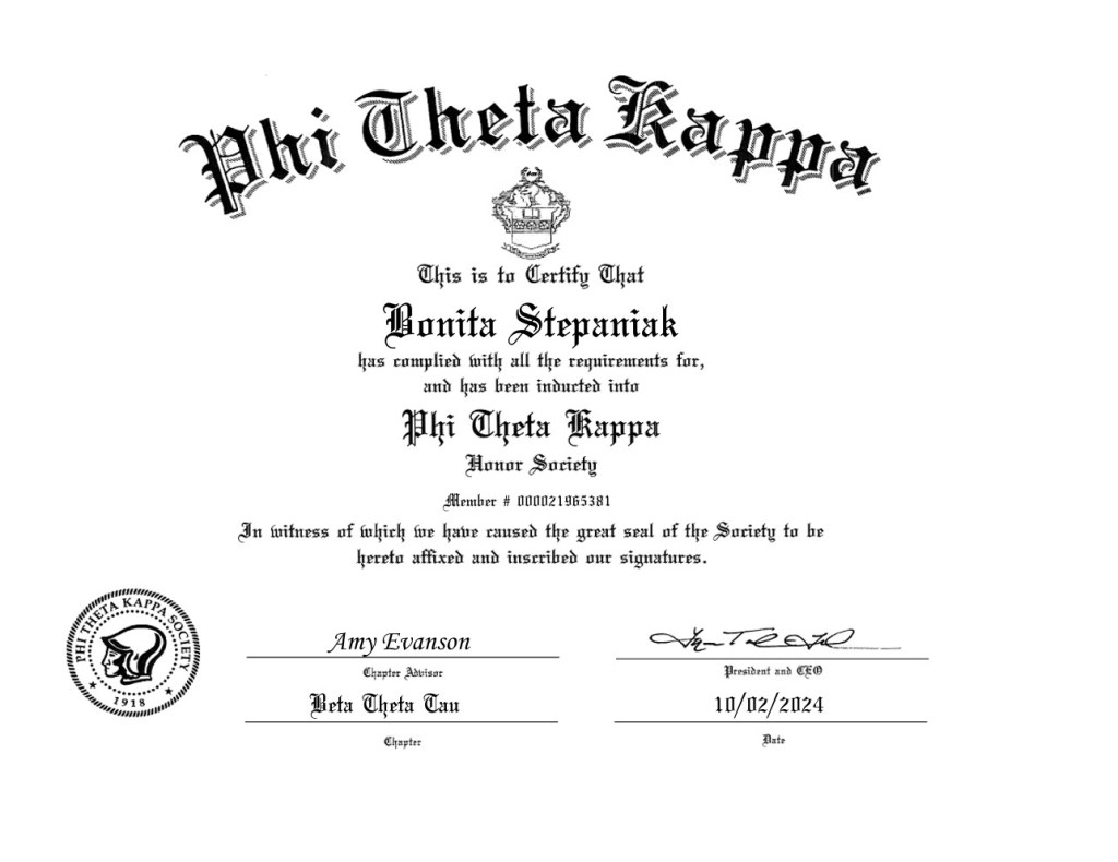 Phi Theta Kappa Honor Society Membership Certificate for Bonita Stepaniak, inducted October 2024.