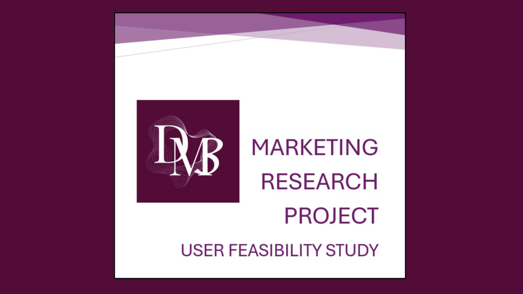 A professional title slide for a "Marketing Research Project" featuring a "User Feasibility Study" for Digital Marketing By Bonita (DMBB). The design includes the DMBB logo in a purple square on a white background, accented by elegant purple and lavender geometric waves at the top.
