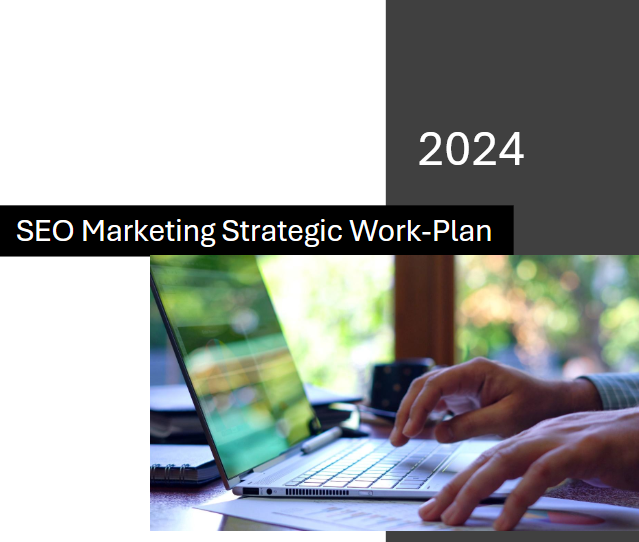 Cover image of the 2024 SEO Marketing Strategic Work-Plan case study by Bonita Stepaniak, featuring a close-up of a strategist typing on a laptop over printed data sheets.